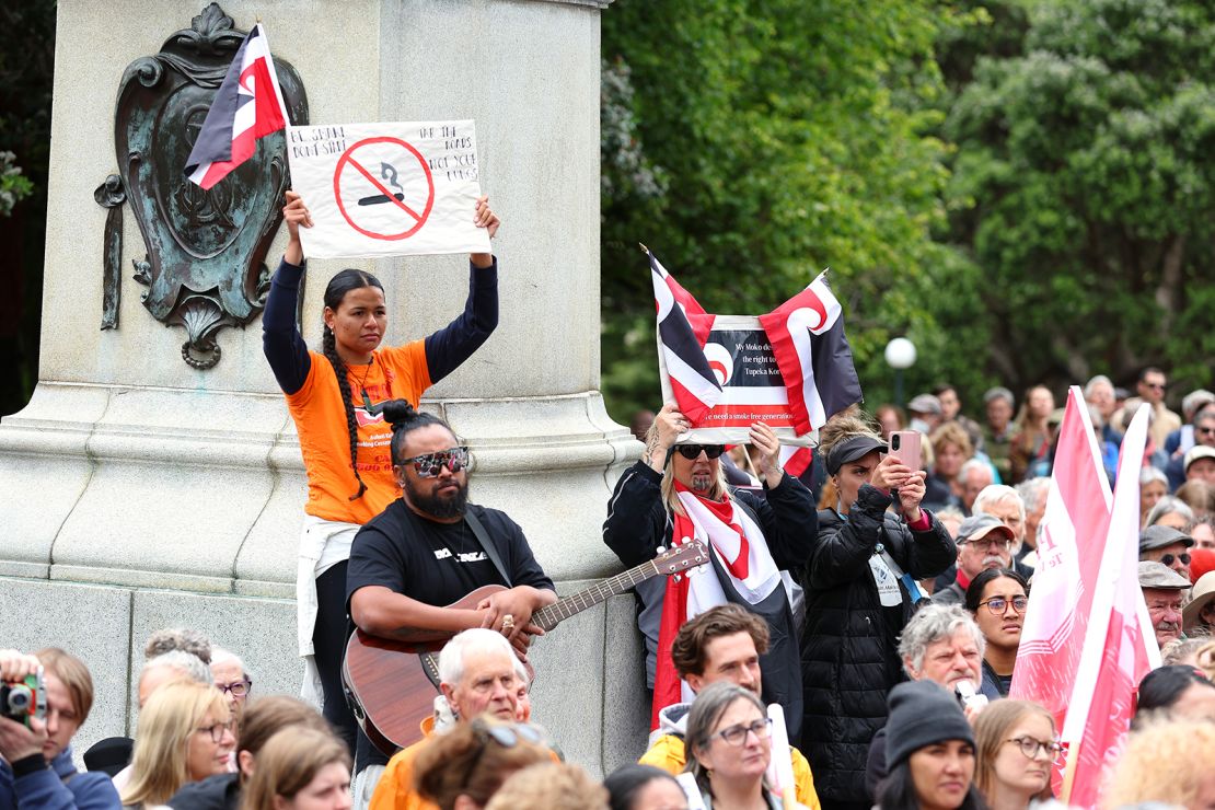 Protestors look on during an anti-tobacco protest at Parliament on December 13, 2023 in Wellington, New Zealand.
