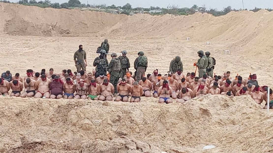 Images from Gaza circulating on social media Thursday showed a mass detention by the Israeli military of men who were made to strip to their underwear, kneel on the street, wear blindfolds, and pack into the cargo bed of a military vehicle.