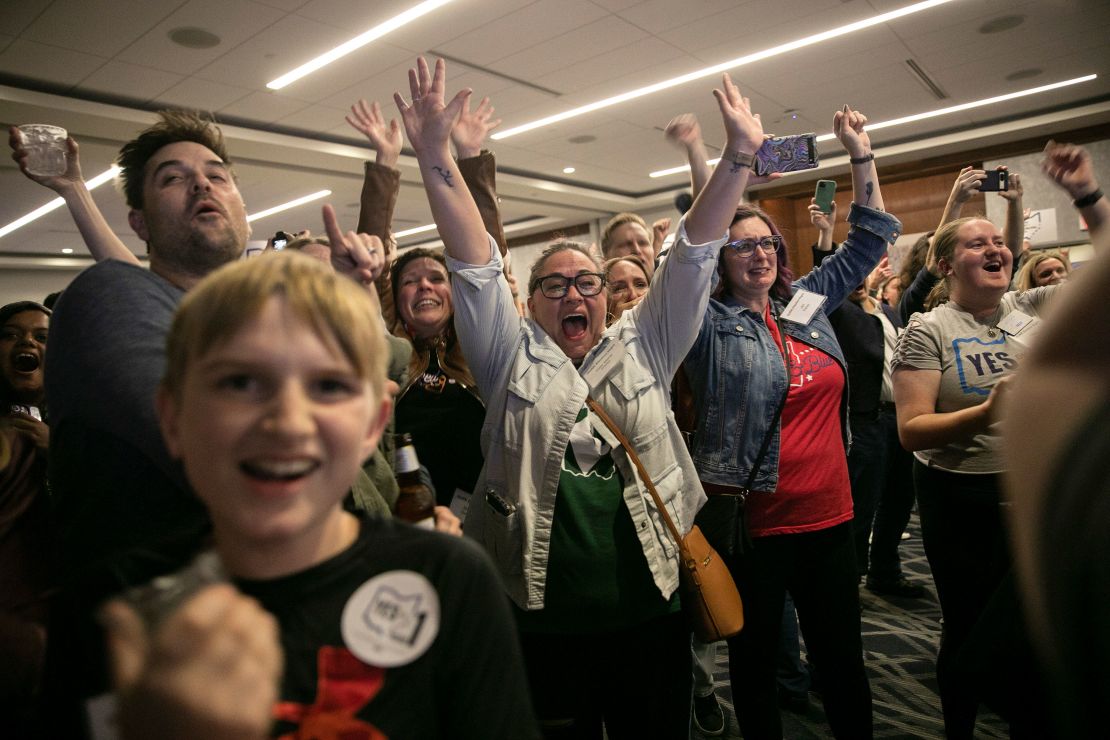 People react after Issue 1 passes, which establishes a constitutional right to abortion in Ohio, during an election night watch party at Ohioans United for Reproductive Rights headquarters in Columbus, Ohio on Tuesday, Nov. 7, 2023. (Maddie McGarvey/The New York Times)