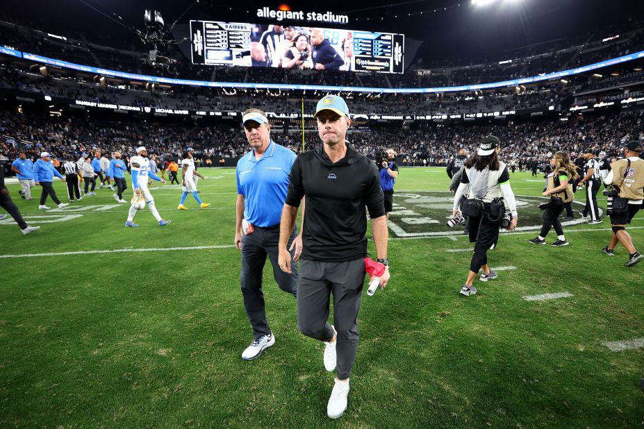 Los Angeles Chargers head coach Brandon Staley walks off of the field after losing 63-21 to the Las Vegas Raiders on Thursday, December 14. <a href=