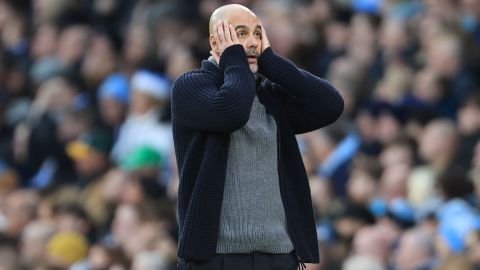MANCHESTER, ENGLAND - DECEMBER 16: Manchester City manager Pep Guardiola looks dejected during the Premier League match between Manchester City and Crystal Palace at Etihad Stadium on December 16, 2023 in Manchester, England. (Photo by Simon Stacpoole/Offside/Offside via Getty Images)