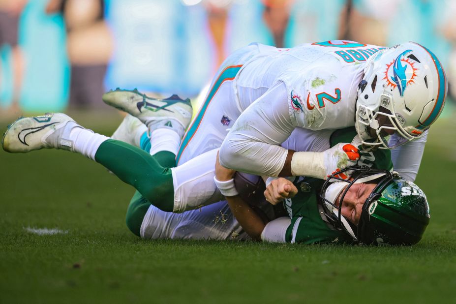 Miami Dolphins linebacker Bradley Chubb sacks New York Jets quarterback Zach Wilson on Sunday, December 17. The Dolphins' scored a 30-0 victory over the Jets.
