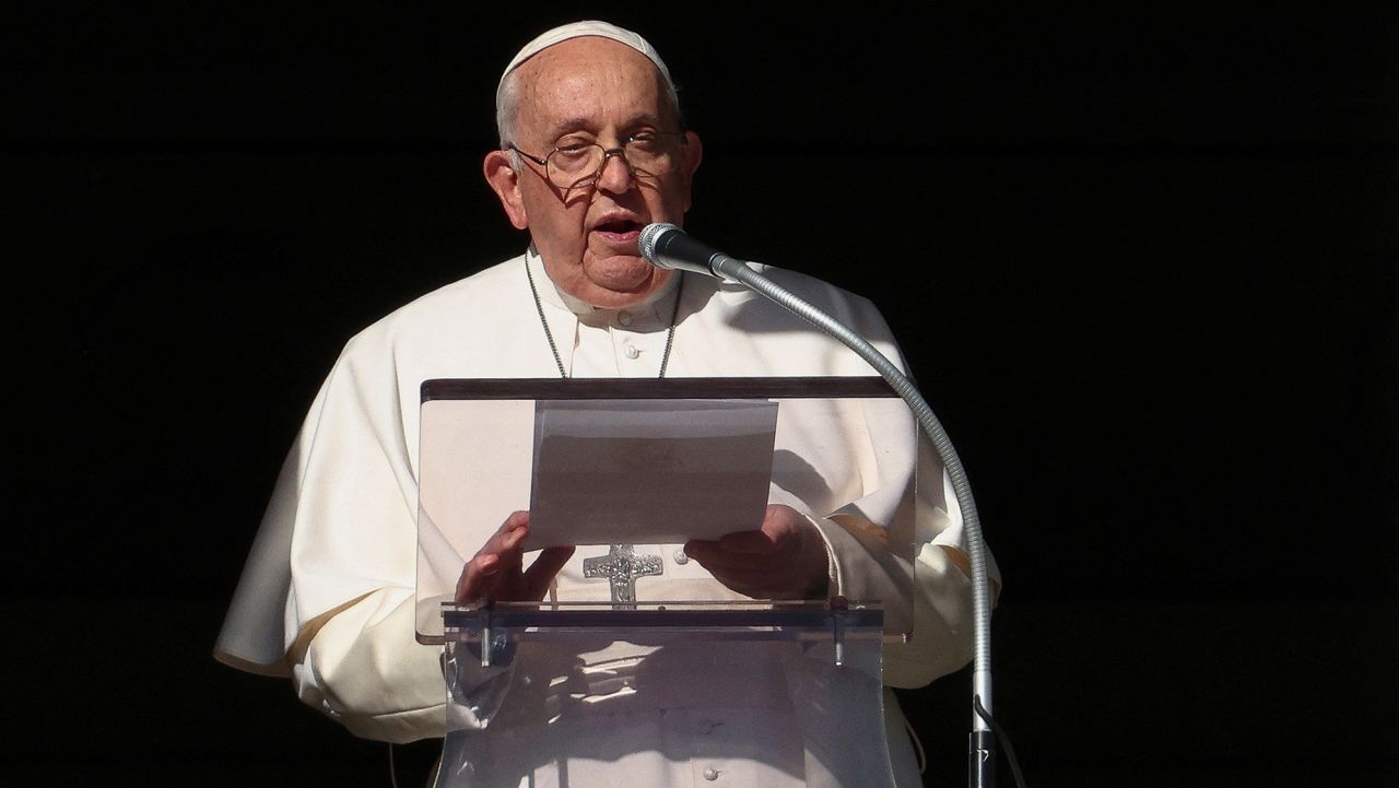 Pope Francis leads the Angelus prayer from his window, at the Vatican, December 17, 2023. REUTERS/Guglielmo Mangiapane