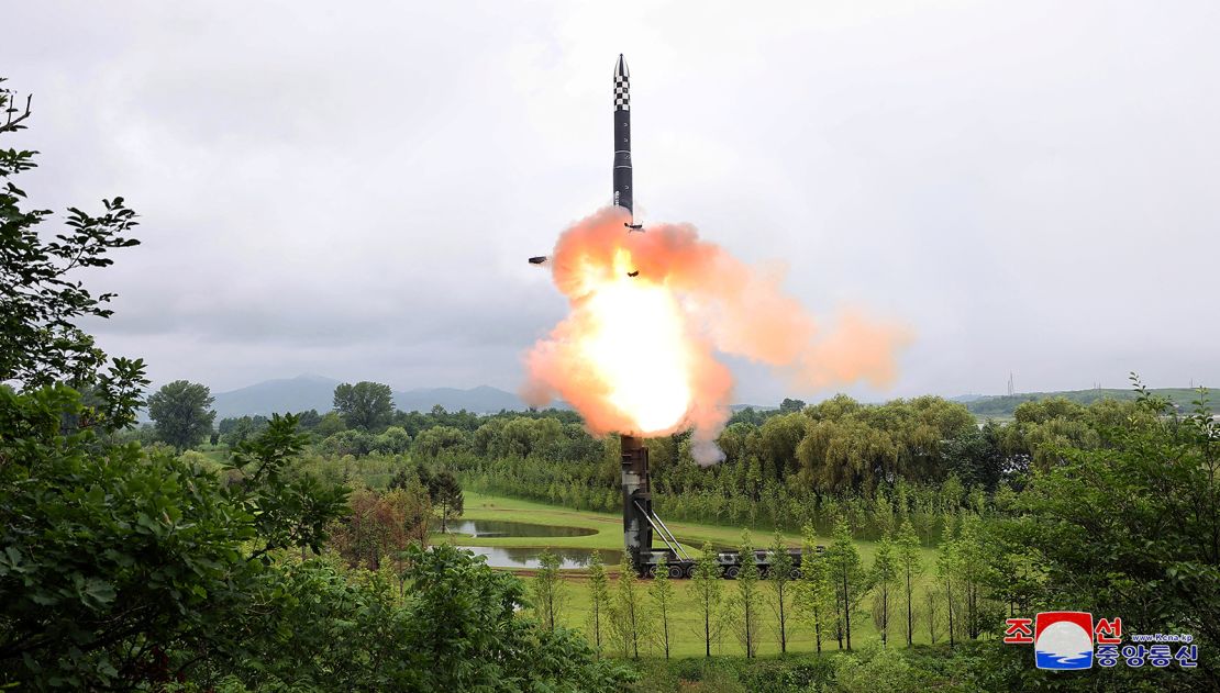 In this image released by the North's Korean Central News Agency on July 13, 2023, a Hwasong-18 intercontinental ballistic missile is launched from an undisclosed location in North Korea.