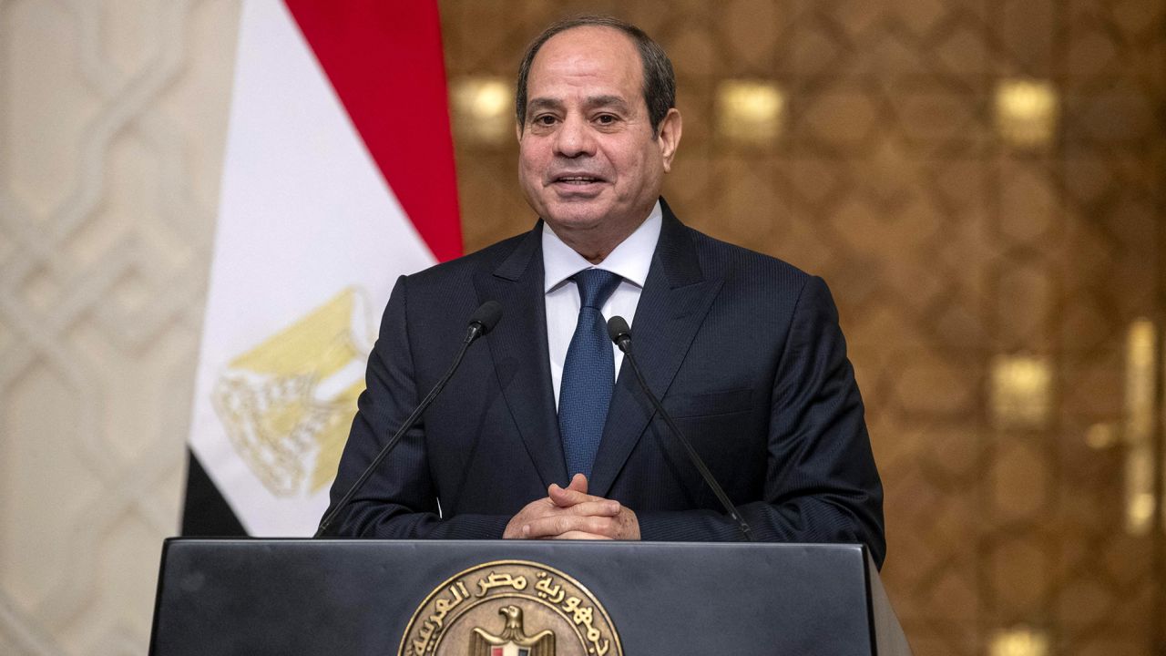 Egypt's president Abdul Fatah El-Sisi talks to the press after a meeting at the Palace in Cairo, part of a visit of both Belgian and Spanish Prime Ministers (incoming and outgoing presidency of Europe) to Egypt, in Cairo, Friday 24 November 2023. The two heads of government have visited Israel and Palestine yesterday, to hold talks with political leaders on the war in Gaza. In Egypt, Sanchez and De Croo will meet the Egyptian president and visit the border crossing to the Gaza strip in Rafah.BELGA PHOTO NICOLAS MAETERLINCK - SPAIN OUT - (Photo by NICOLAS MAETERLINCK / BELGA MAG / Belga via AFP) (Photo by NICOLAS MAETERLINCK/BELGA MAG/AFP via Getty Images)