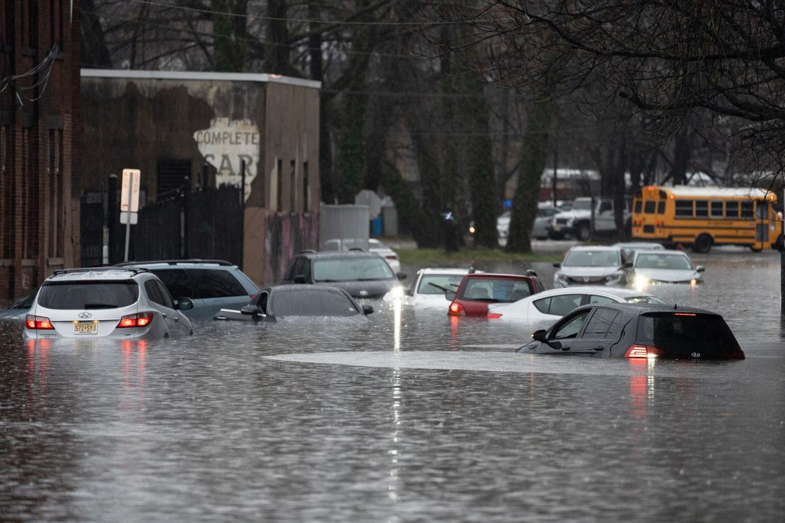 Cars were left stranded in flood waters on River St in Paterson, NJ on Monday Dec. 18, 2023.