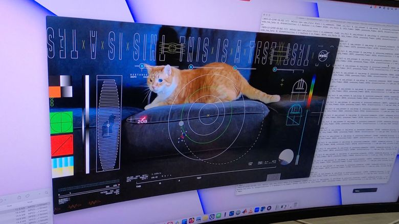 A computer screen in the mission support area shows Taters the cat in a still from the first high-definition streaming video to be sent via laser from deep space, as well as the incoming data stream delivering the frames from the video. Credit: NASA/JPL-Caltech