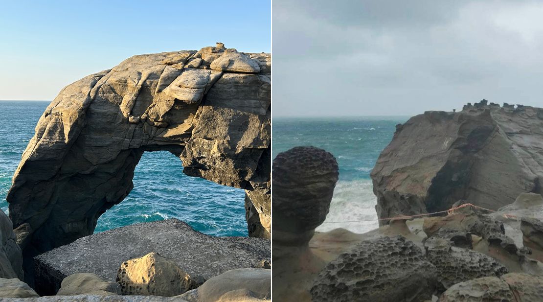 Before and after the elephant's trunk fell off the rest of the rock in Taiwan.