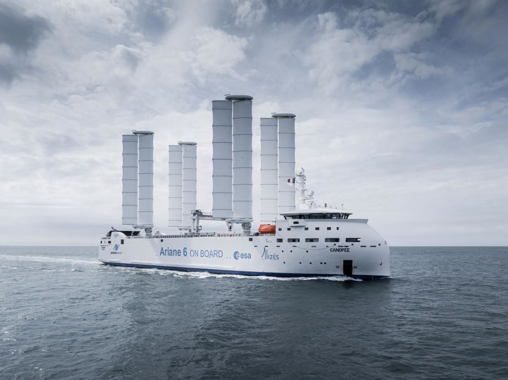 Powering ships using the wind is hardly a new idea, but the wind is increasingly being used to power huge cargo ships. <a href="https://edition.cnn.com/travel/canopee-europe-largest-rocket-wind-powered-cargo-ship-spc-intl/index.html" target="_blank">Canopée is a cargo ship powered by diesel engines and sails called "Oceanwings</a>," which could cut fuel consumption in half when fully deployed. 
