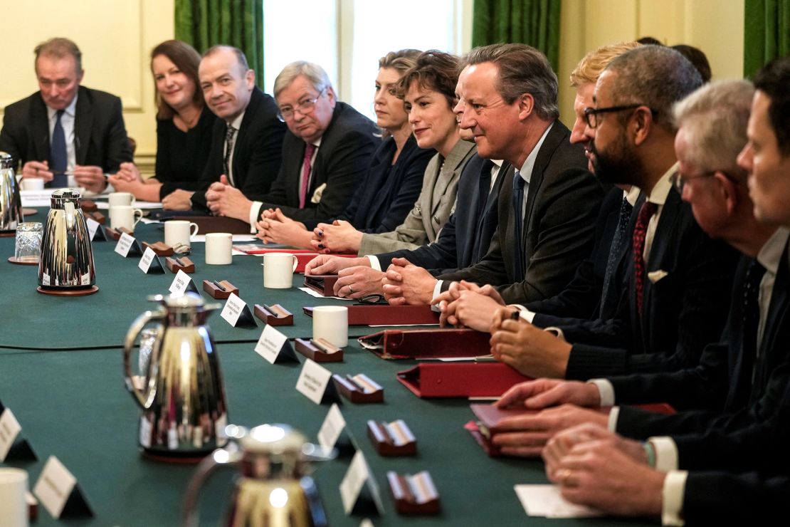 Britain's new Foreign Secretary David Cameron (4th R) attends a cabinet meeting at 10 Downing Street in central London on November 14, 2023 following a reshuffle. (Photo by Kin Cheung / POOL / AFP) (Photo by KIN CHEUNG/POOL/AFP via Getty Images)
