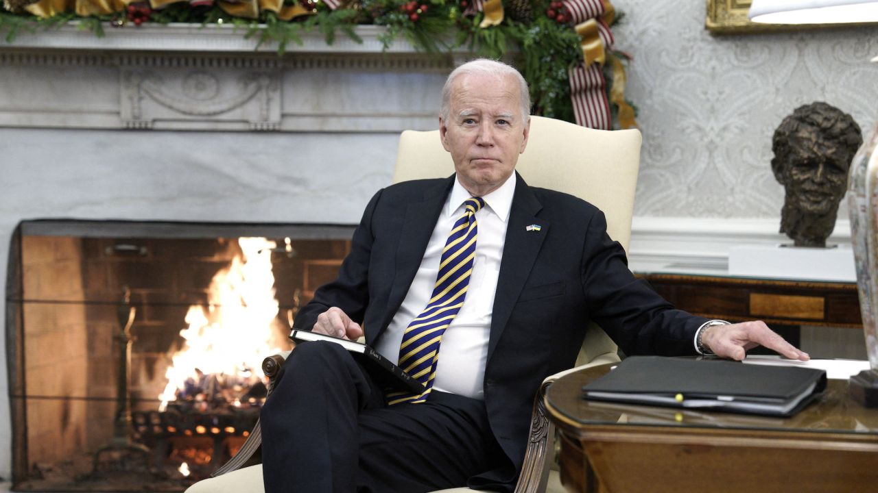 US President Joe Biden meets with Ukrainian President Volodymyr Zelensky in the Oval Office of the White House in Washington on December 12, 2023. Photo by Yuri Gripas/Abaca/Sipa USA(Sipa via AP Images)