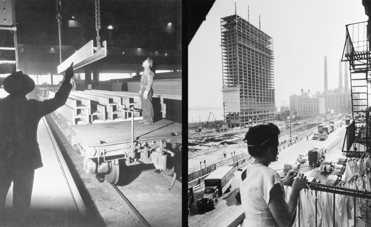 At left, steel beams for the United Nations Secretariat Building are loaded at a US Steel plant in Munhall, Pennsylvania, in 1948. On the right, a woman knits from a fire escape in New York as the Secretariat Building is under construction.