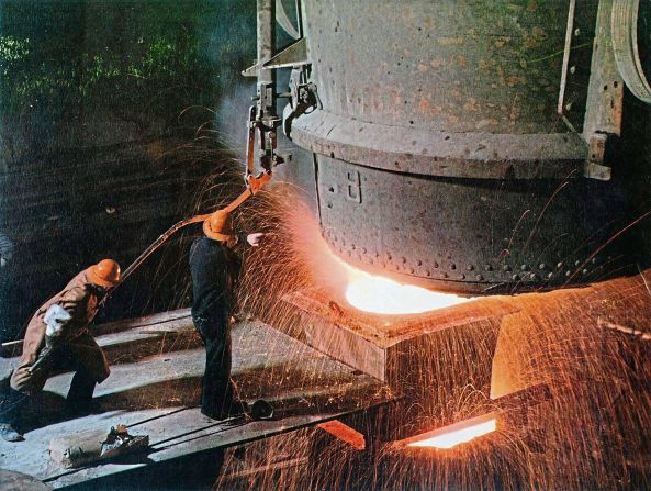 Men work at the Homestead Steel Works factory in Homestead, Pennsylvania, circa 1970. From its peak in the 1950s, the company began to fall behind upstart competitors both foreign and domestic. Competitors in Japan and Germany, which were forced to rebuild from scratch after World War II, used new technologies that required far less labor and energy.