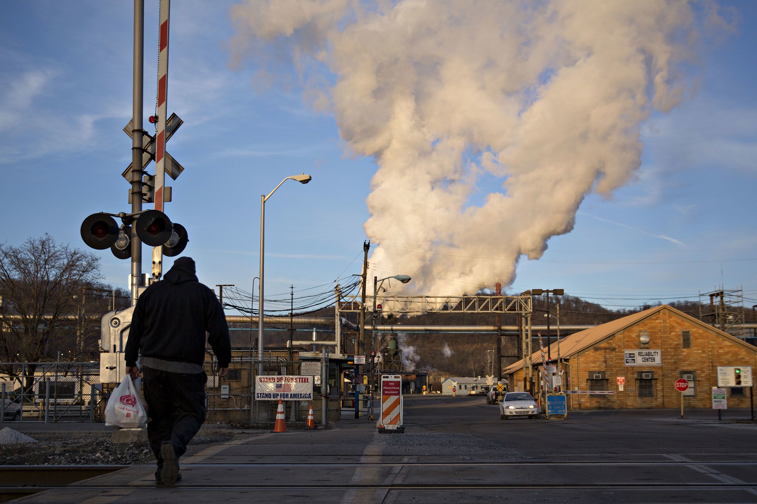 A man arrives at a US Steel plant in Clairton, Pennsylvania, in 2018.