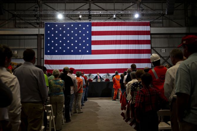 President Donald Trump speaks to steelworkers in Granite City, Illinois, in 2018. Trump's administration imposed a 25% tariff on steel imports and 10% tariff on aluminum <a href="https://www.cnn.com/2018/03/01/politics/steel-aluminum-trade-trump-chaos/index.html" target="_blank">to shore up the struggling industries</a>.