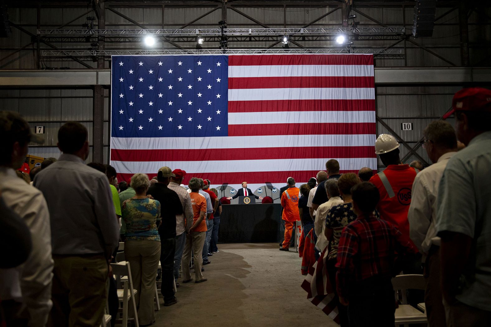 President Donald Trump speaks to steelworkers in Granite City, Illinois, in 2018. Trump's administration imposed a 25% tariff on steel imports and 10% tariff on aluminum <a  target="_blank">to shore up the struggling industries</a>.