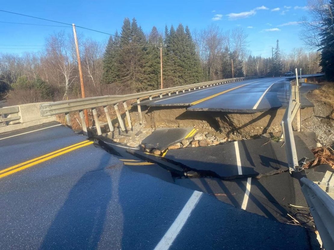 Photos of damaged roads in Eustis, Maine.
