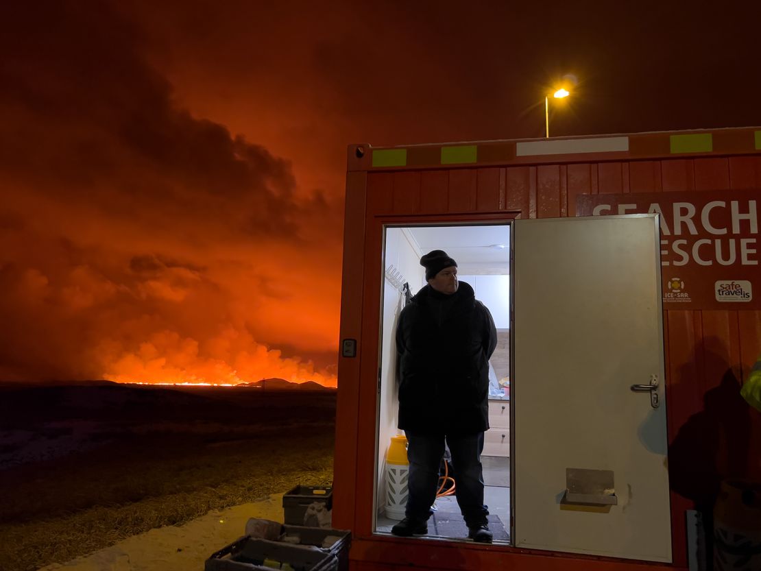 A volcano erupts on the Reykjanes Peninsula near the power station on December 18, 2023 north of Grindavik, Iceland.