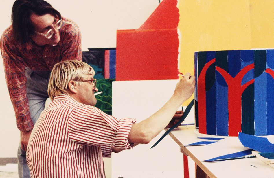 British artist David Hockney works on a model for his "Enchanted Tree" attraction in Los Angeles, California, circa 1986. 