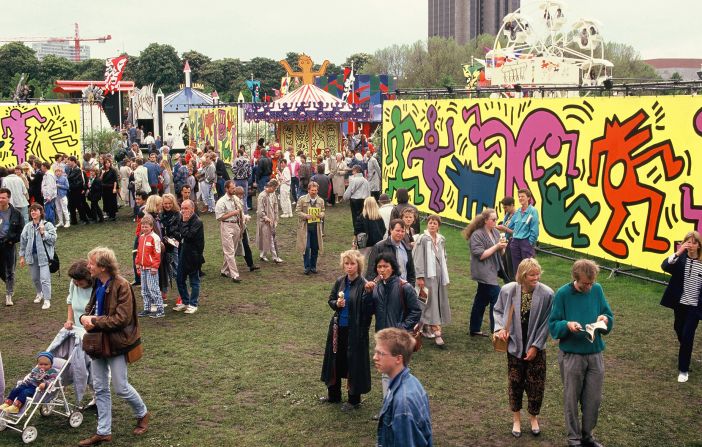 Park-goers tour Luna Luna during its installation in the summer of 1987 in Hamburg, Germany.