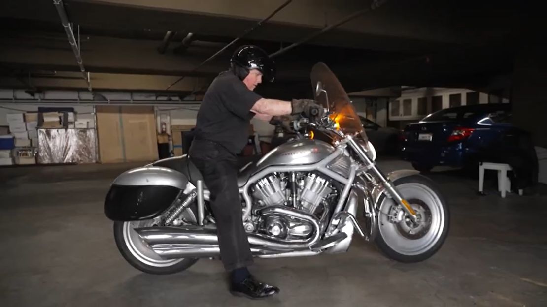 Monsignor Frank Hicks of the Los Angeles Police Department Chaplain Corps on his 2002 Harley Davidson V-Rod motorcycle.