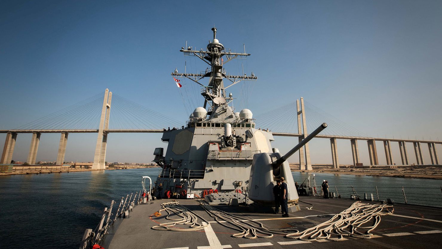 The U.S. Navy Arleigh Burke-class guided-missile destroyer USS Carney transits the Suez Canal, Egypt October 18, 2023.