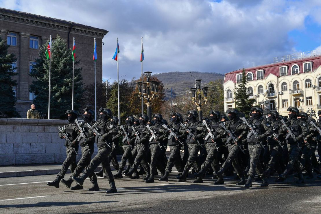 KHANKENDI, AZERBAIJAN - NOVEMBER 08: (----EDITORIAL USE ONLY - MANDATORY CREDIT - 'AZERBAIJANI PRESIDENCY / HANDOUT' - NO MARKETING NO ADVERTISING CAMPAIGNS - DISTRIBUTED AS A SERVICE TO CLIENTS----) A view from the military parade with the participation of Azerbaijani President Ilham Aliyev to mark the third anniversary of the Second Nagorno-Karabakh War in Khankendi, Azerbaijan on November 08, 2023. (Photo by Azerbaijani Presidency/Anadolu via Getty Images)