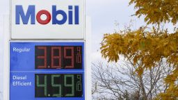 Regular and Diesel fuel prices at a Mobil gas station, Thursday, Oct. 26, 2023, in Erie, Pa. (Aaron M. Sprecher via AP)