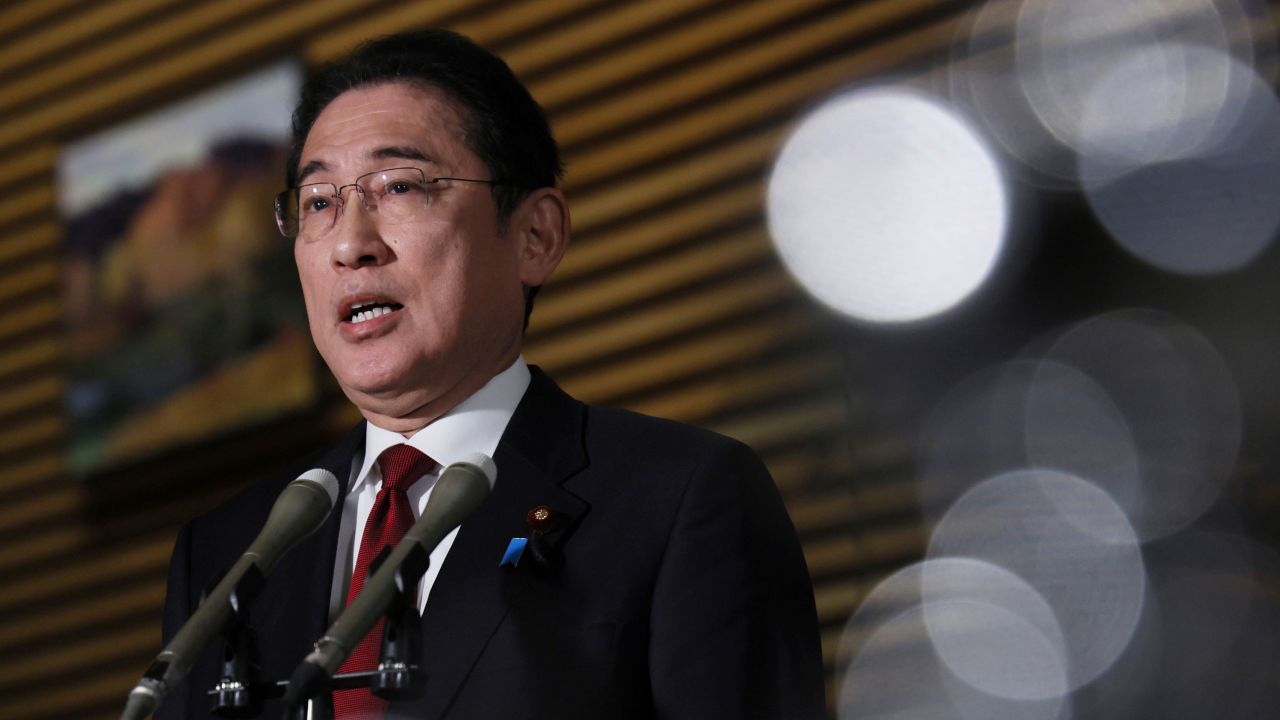 Japanese Prime Minister Fumio Kishida comments on North Korea firing intercontinental ballistic missile at the prime minister's office in Tokyo on Dec. 18 2023. According to the Japan Defense Ministry, the missile flew down into waters outside the Japanese exclusive economic zone (EEZ). ( The Yomiuri Shimbun via AP Images )