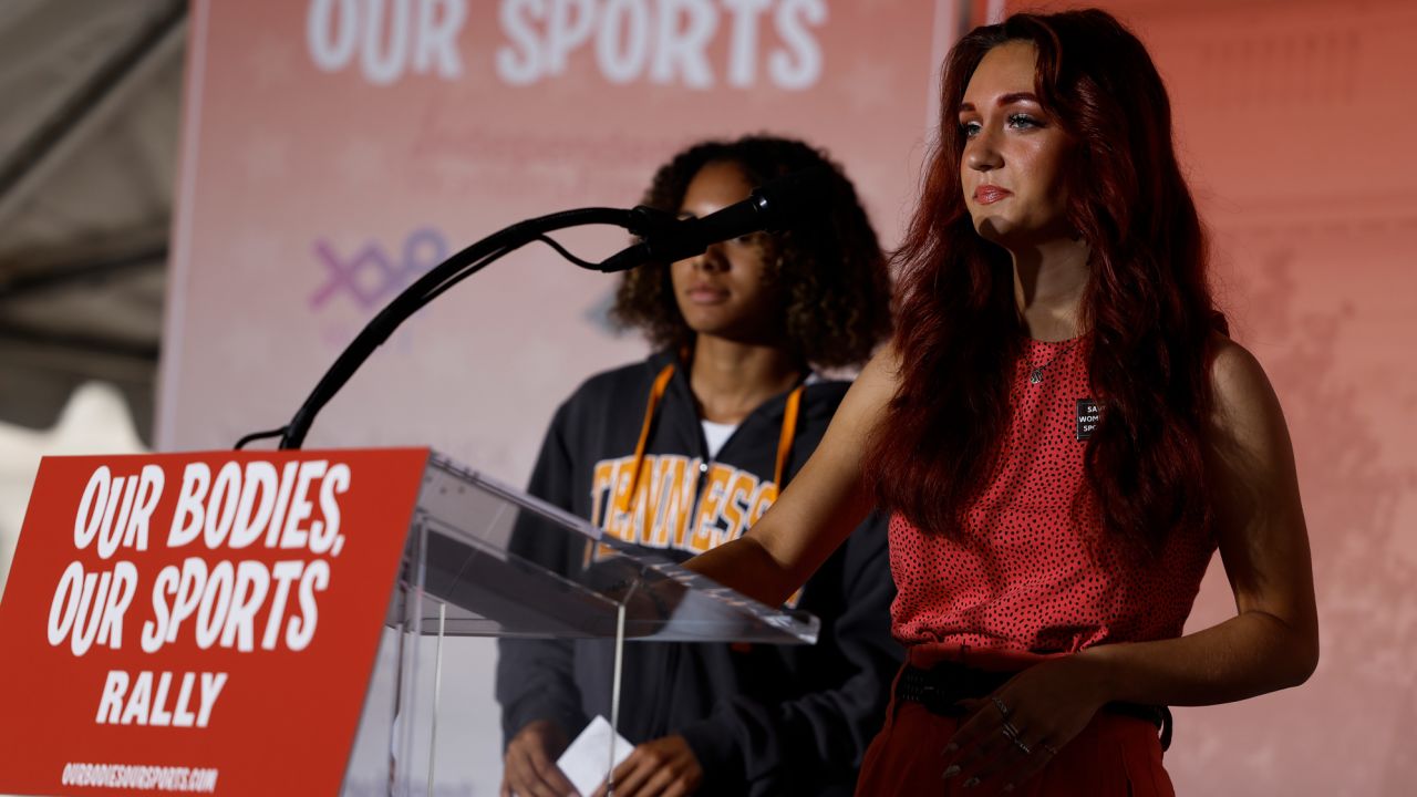 WASHINGTON, DC - JUNE 23: Selina Soule and Alanna Smith, two former Connecticut high school track athletes, speak during an "Our Bodies, Our Sports" rally for the 50th anniversary of Title IX at Freedom Plaza on June 23, 2022 in Washington, DC. The rally, organized by multiple athletic women's groups, was held to call on U.S. President Joe Biden to put restrictions on transgender females and "advocate to keep women's sports female". (Photo by Anna Moneymaker/Getty Images)