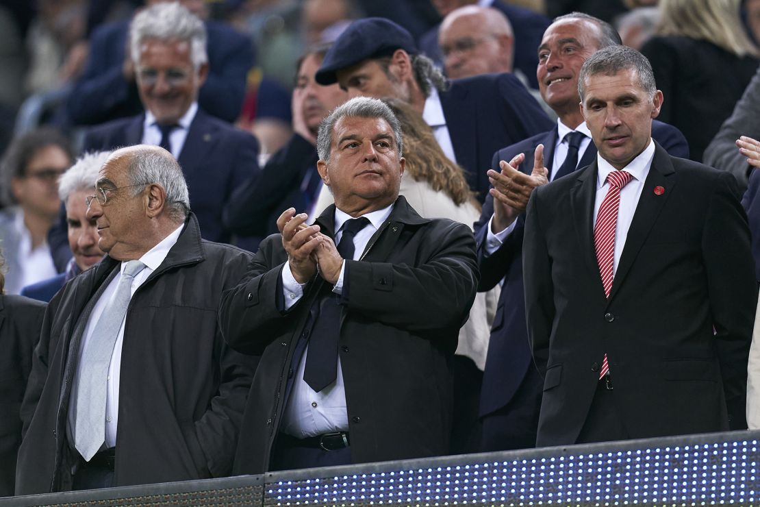 BARCELONA, SPAIN - APRIL 10:  Joan Laporta, President of FC Barcelona and Delfi Geli (R), President of Girona prior to the LaLiga Santander match between FC Barcelona and Girona FC at Spotify Camp Nou on April 10, 2023 in Barcelona, Spain. (Photo by Pedro Salado/Quality Sport Images/Getty Images)