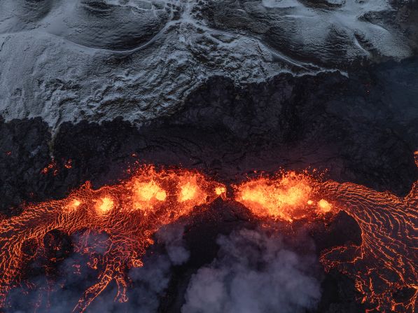 An aerial view shows volcanic activity in Grindavik on December 19.