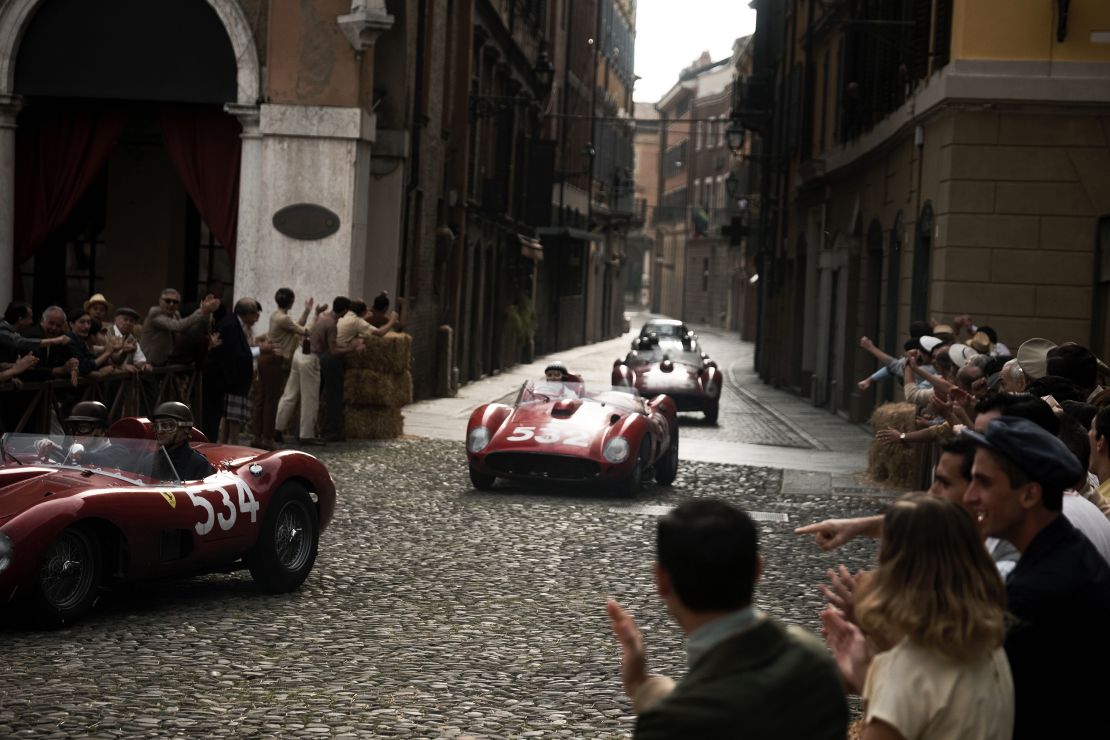A scene in "Ferrari" filmed in Piazza Grande in the heart of Modena. The production shot on location for months during 2022.