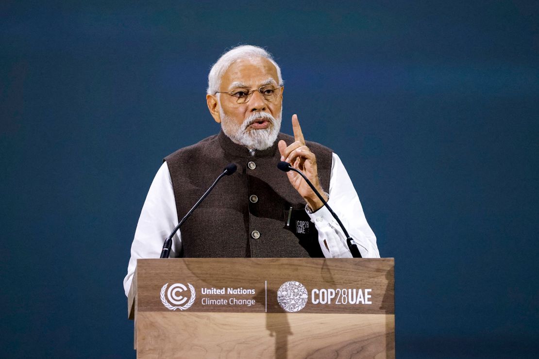 India Prime Minister Narendra Modi speaks during the Transforming Climate Finance session at the United Nations climate summit in Dubai on December 1, 2023.