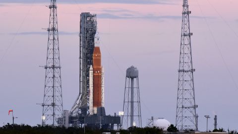 CAPE CANAVERAL, FLORIDA, UNITED STATES - NOVEMBER 15: NASA's Space Launch System (SLS) rocket with the Orion spacecraft stands on launch pad 39B as final preparations are made for the Artemis I mission at the Kennedy Space Center on November 15, 2022 in Cape Canaveral, Florida. NASA is making its third attempt to launch the unmanned Artemis I mission to the moon following a series of technical and weather delays. (Photo by Paul Hennessy/Anadolu Agency via Getty Images)
