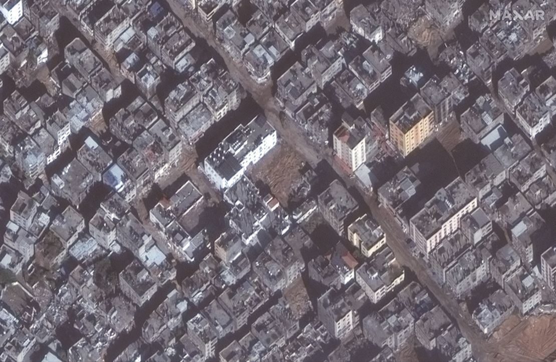 Satellite imagery taken on December 15 -- right before the IDF withdrew from the hospital area -- shows razed grounds outside the hospital complex.
