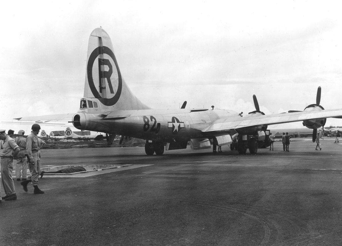 View of the B-29 Superfortress 'Enola Gay' as it is manouvered over the bomb pit on the North Field of Tinian airbase, North Marianas Islands, early August, 1945. The plane was loaded with an atomic bomb, codenamed 'Little Boy,' which it then dropped on the Japanese city of Hiroshima on August 6.