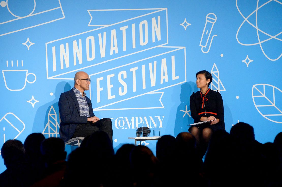 NEW YORK, NEW YORK - NOVEMBER 07:  Satya Nadella and Stephanie Mehta speak on stage at the "A Conversation with Microsoft's Satya Nadella" panel at the on November 07, 2019 in New York City. (Photo by Brad Barket/Getty Images for Fast Company)