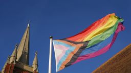 A rainbow flag, a symbol of lesbian, gay, bisexual, transgender, and queer (LGBT) pride and LGBT social movements, flies at St John the Baptist church in Felixstowe, Suffolk, after the use of prayers of blessing for same-sex couples in Church of England services were approved by the House of Bishops. Picture date: Sunday December 17, 2023.
