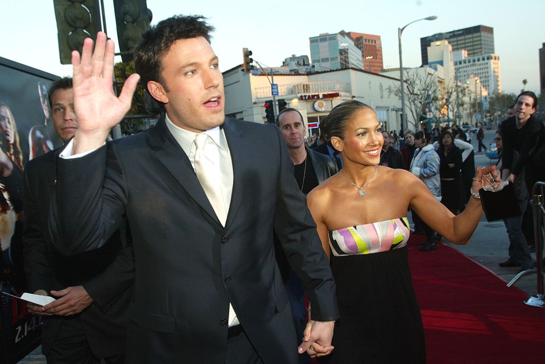 Actor Ben Affleck (L) and his fiance actress/singer Jennifer Lopez arrive at the premiere of "Daredevil" at the Village Theatre on February 9, 2003 in Los Angeles, California.