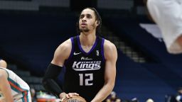 GRAND RAPIDS, MI - February 9: Chance Comanche #12  of the Stockton Kings shoots a free throw against  Grand Rapids Gold on February 9, 2023 at the Van Andel Arena in Grand Rapids, Michigan. NOTE TO USER: User expressly acknowledges and agrees that, by downloading and/or using this photograph, user is consenting to the terms and conditions of the Getty Images License Agreement.  Mandatory Copyright Notice: Copyright 2023 NBAE (Photo by Richard Prepetit/NBAE via Getty Images)