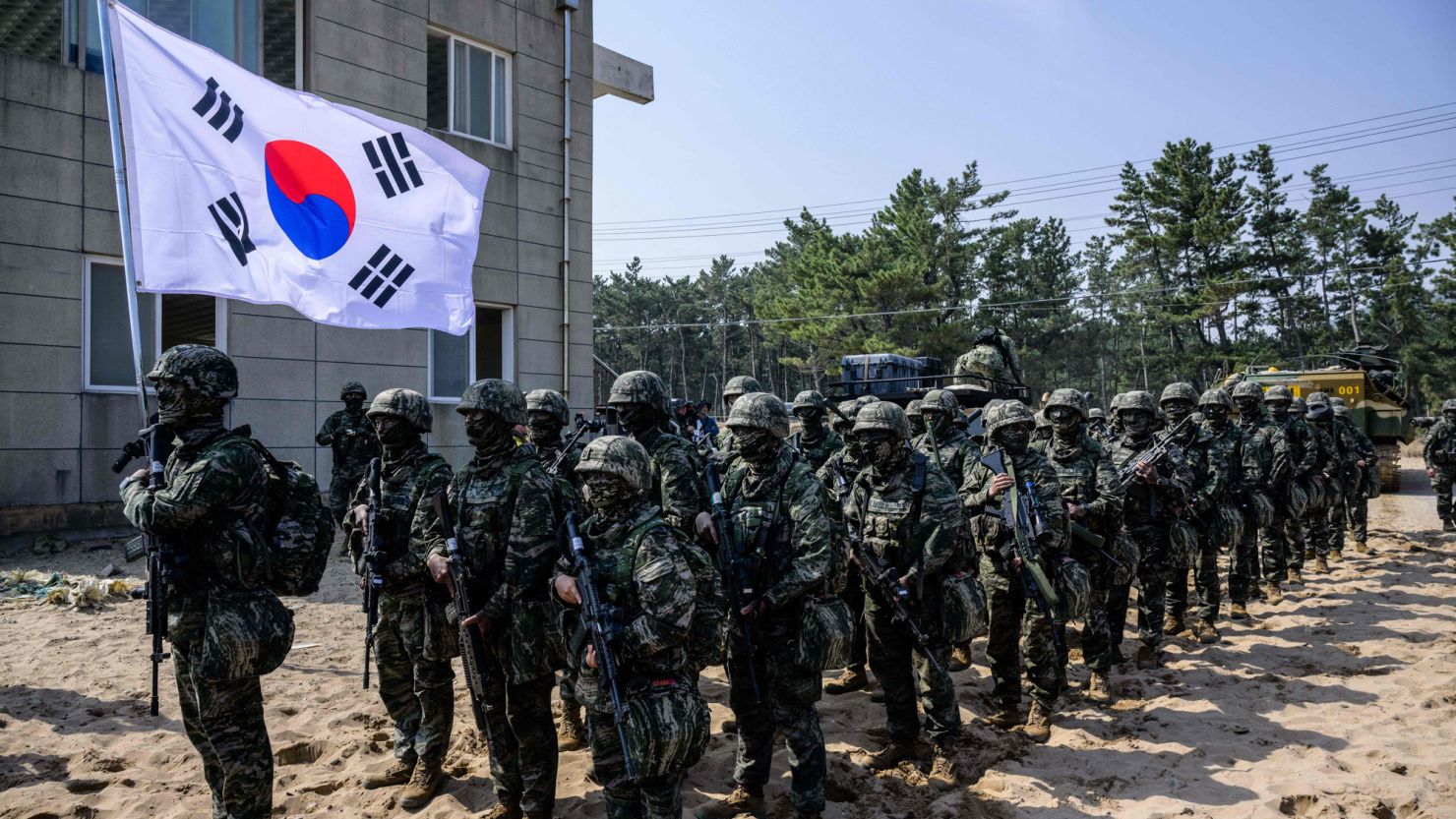 South Korean marines take part in the "Ssangyong 2023 Exercise" joint landing operation by US and South Korean Marines in the south-eastern port of Pohang on March 29, 2023. (Photo by ANTHONY WALLACE / AFP) (Photo by ANTHONY WALLACE/AFP via Getty Images)
