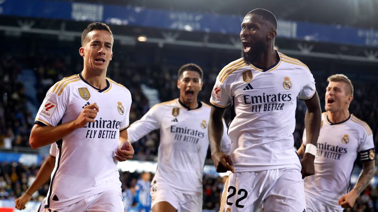 Lucas Vazquez player of Real Madrid celebrates with his teammates after scoring a goal during the LaLiga EA Sports match between Deportivo Alaves and Real Madrid CF at Estadio de Mendizorroza on December 21, 2023 in Vitoria-Gasteiz, Spain.