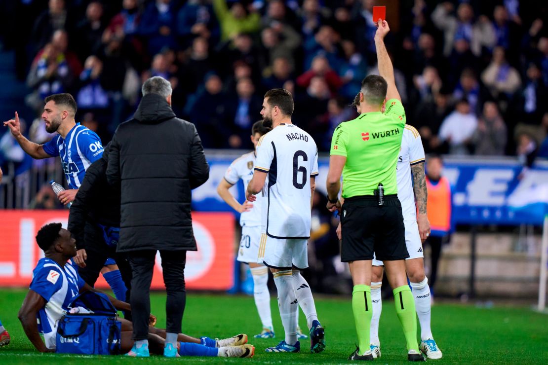 Nacho Fernandez of Real Madrid CF gets red card during the LaLiga EA Sports match between Deportivo Alaves and Real Madrid CF at Estadio de Mendizorroza on December 21, 2023 in Vitoria-Gasteiz, Spain.