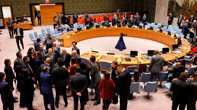 Members of the UN Security Council hold sideline meetings as they take a break at the United Nations headquarters on December 19, 2023 in New York City. The Security Council is meeting to hold a vote on a resolution proposed by the United Arab Emirates on behalf of Arab and Muslim states calling for limiting the fighting and dramatically increasing humanitarian aid for the people in Gaza.