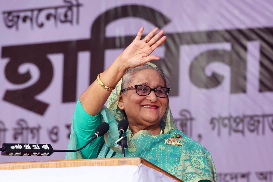 Bangladesh's Prime Minister Sheikh Hasina waves to the gathering during an election campaign rally for her ruling Awami League party, ahead of the upcoming national elections, in Sylhet, Bangladesh, Wednesday, December 20, 2023.