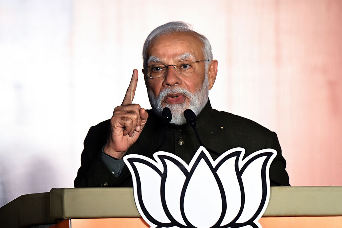 Narendra Modi, India's prime minister, speaks at the Bhartiya Janata Party (BJP) headquarters in New Delhi, India, on Sunday, December 3, 2023.
