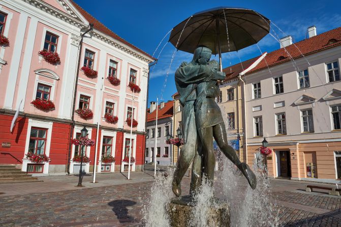 <strong>Tartu, Estonia: </strong>One of the most-loved landmarks in Tartu — a 2024 European Capital of Culture — is this statue of kissing students in Town Hall Square. 