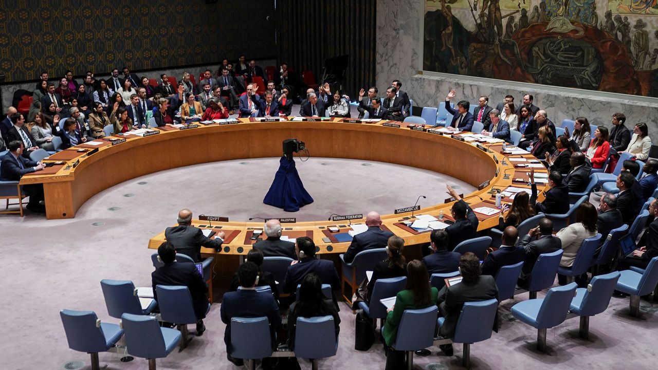 Members of the United Nations Security Council vote on a proposal to demand that Israel and Hamas allow aid access to the Gaza Strip - via land, sea and air routes - and set up U.N. monitoring of the humanitarian assistance delivered, during a meeting at the U.N. headquarters in New York, U.S., December 22, 2023.  REUTERS/David Dee Delgado