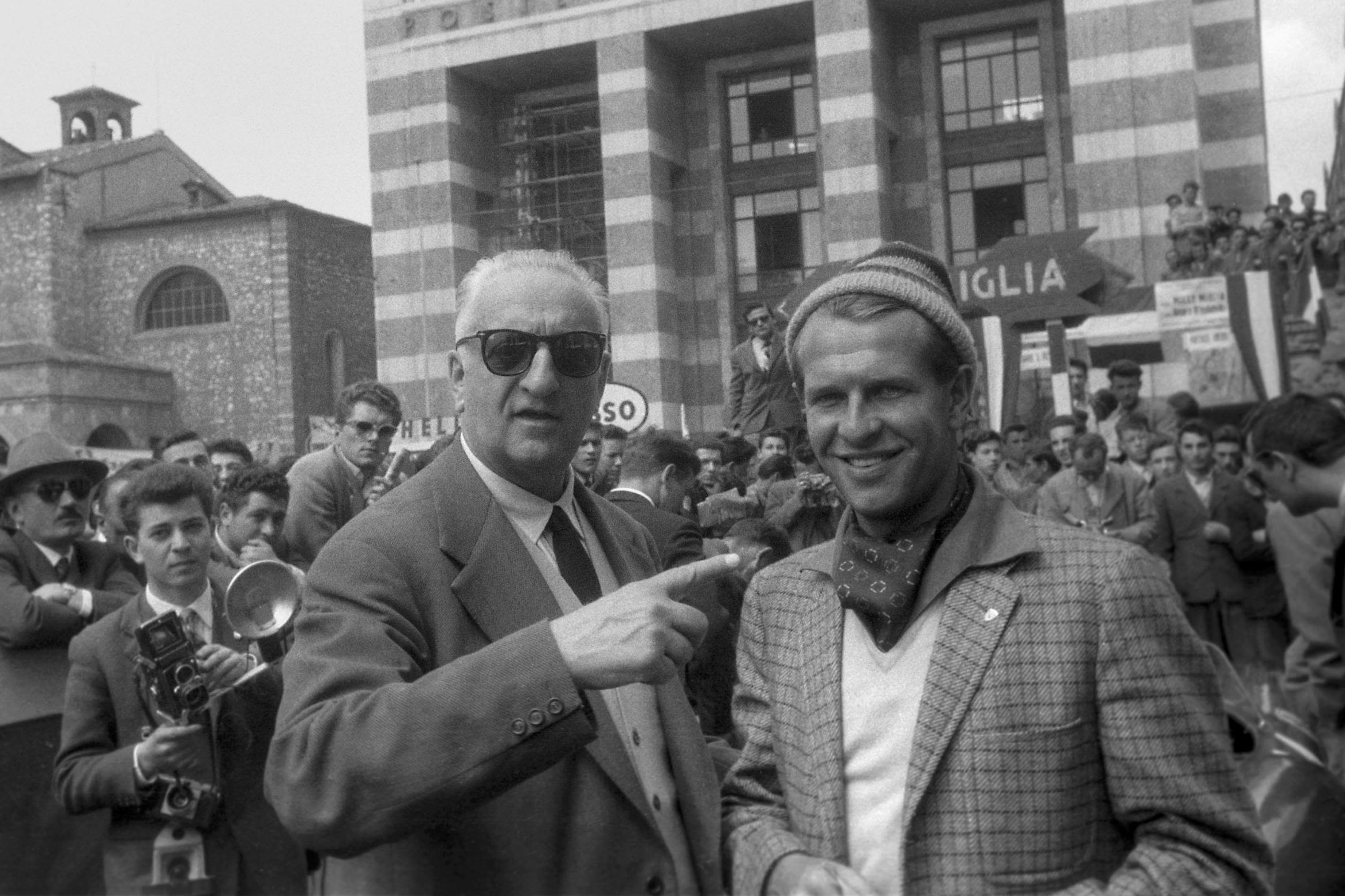 Enzo Ferrari, Peter Collins, Mille Miglia, Italy, 12 May 1957. Enzo Ferrari and Peter Collins. (Photo by Bernard Cahier/Getty Images)